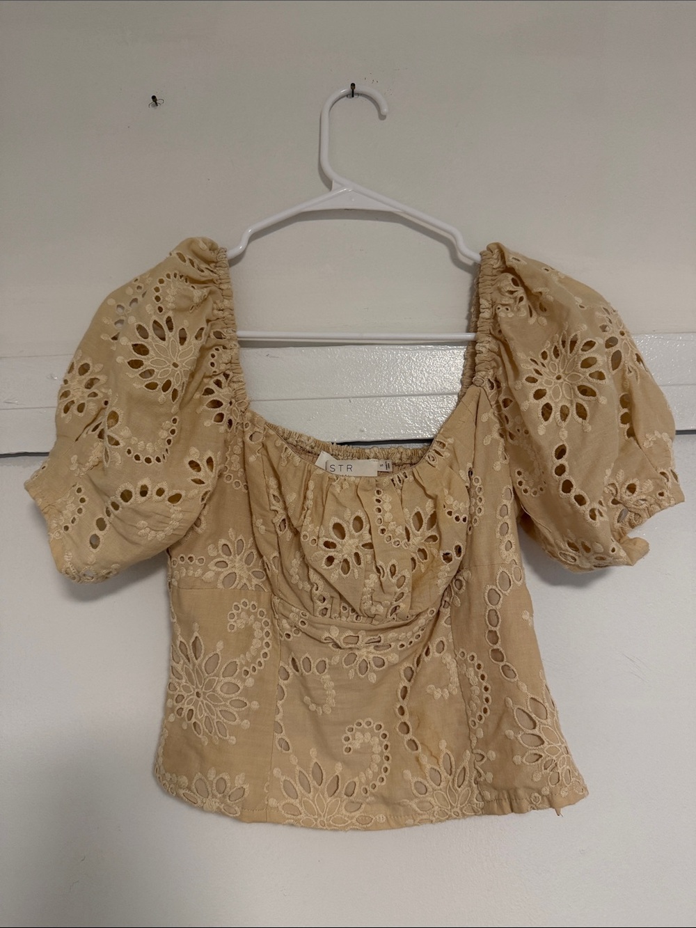 Astr Beige Eyelet Puff-Sleeve Square Neck Top